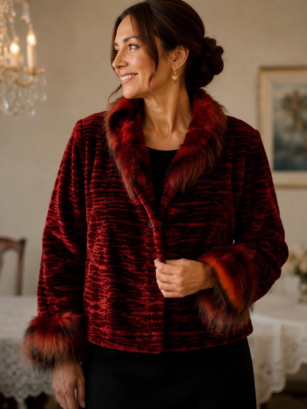 Vintage Louis Féraud Paris Sheared Beaver Fur Coat Coyote Trim Red Zebra Jacket